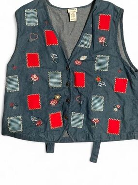 Blue Denim Patchwork Vest with Red and Blue Gingham Accents